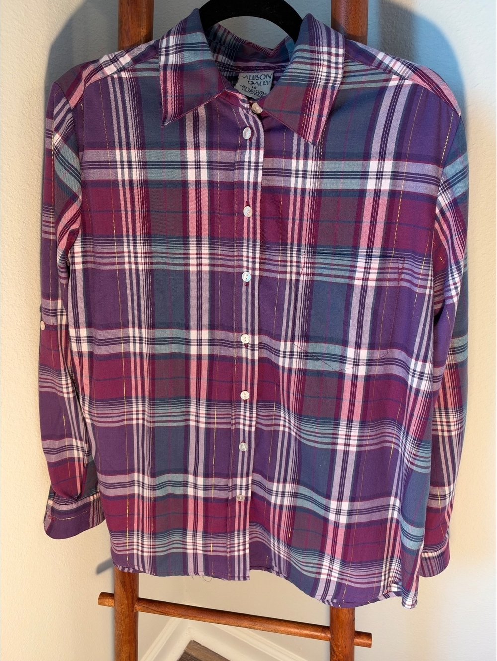 Allison Daley Women's Size 16 Purple Plaid Button-Up Shirt